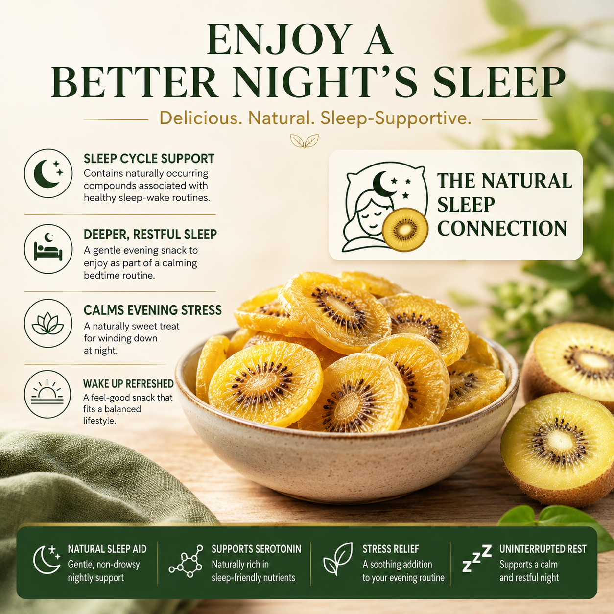 🌿Unlock Deep Sleep Naturally: 🔋Premium Golden Kiwi Slices Rich in Serotonin Precursors to Help You Fall Asleep Faster & Stay Asleep Longer.💤-BP